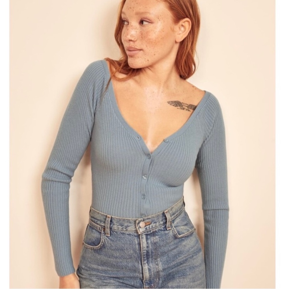 Reformation faro deep v blue cardigan (size M)